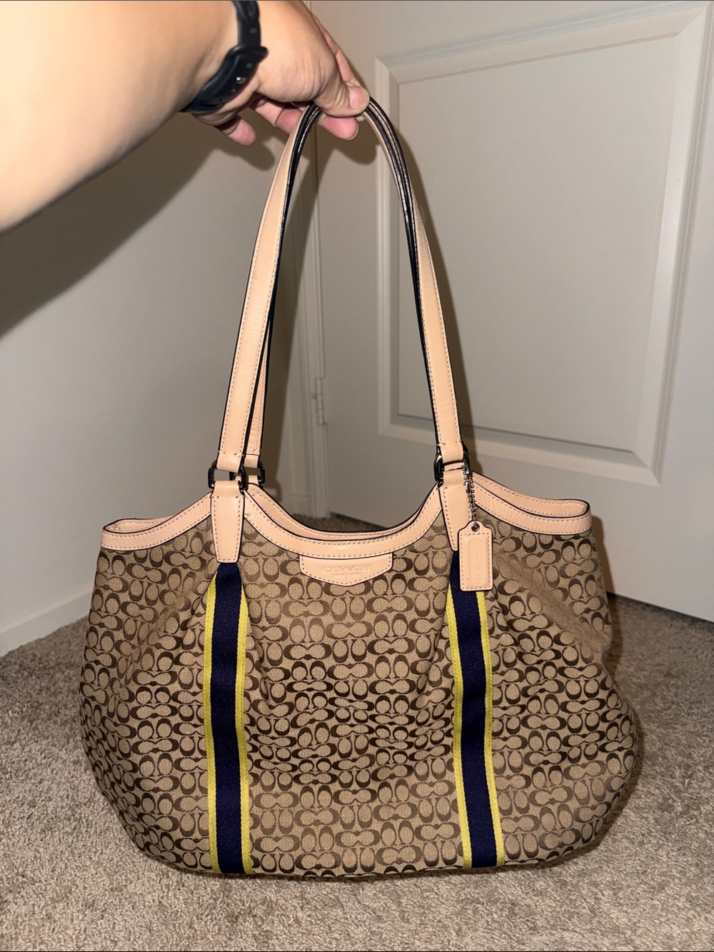 Coach Canvas Tote with Navy & Yellow Stripe Accents - Picture 11 of 16